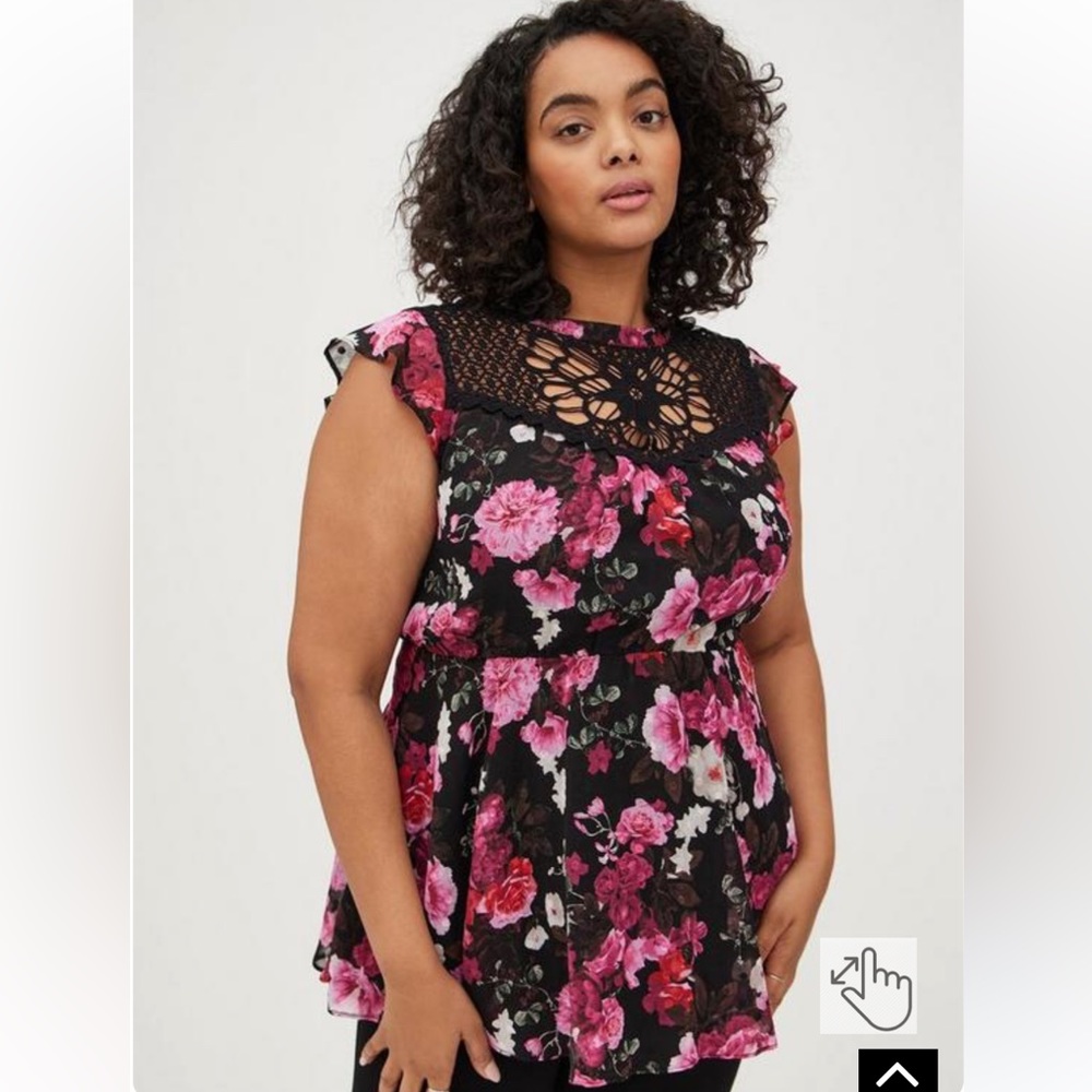 Torrid | 0X (L) | Women’s Peplum Chiffon Clip Dot Crochet Trim Top Black Floral